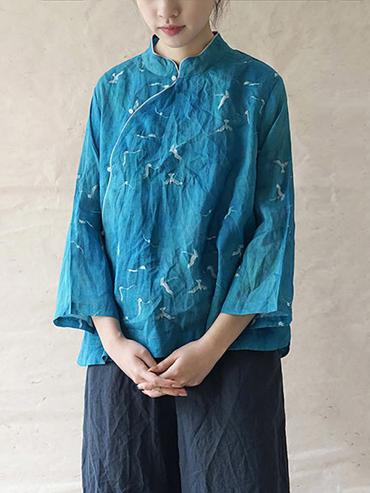 Women Ethnic Crane Spring Linen Shirt QW1004