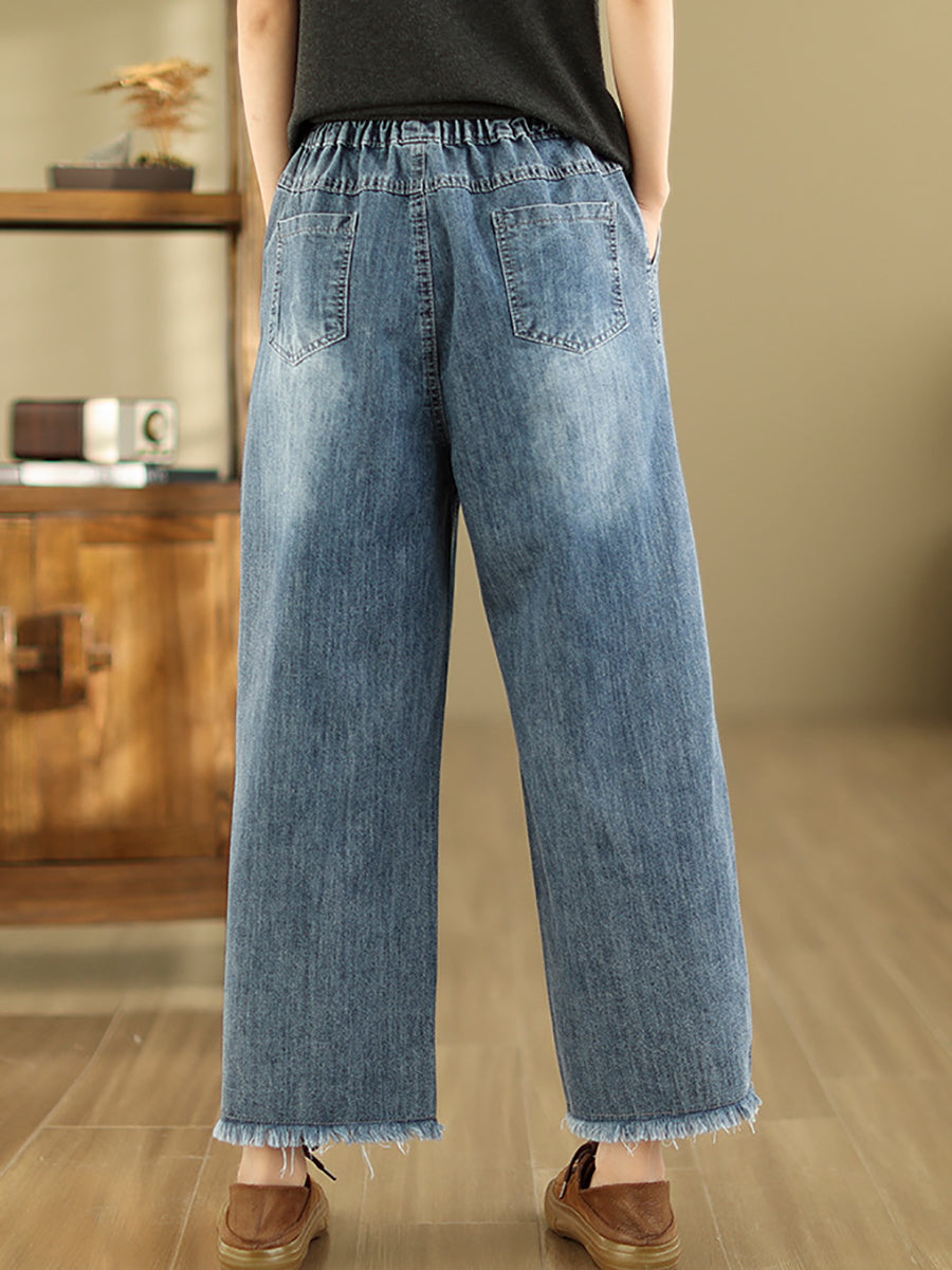 Women Summer Retro Embroidery Frayed Straight Denim Pants AS1042