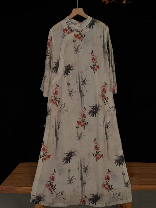 Frauen Sommer Vintage Floral Bambus Robe Ramie Kleid TY1008