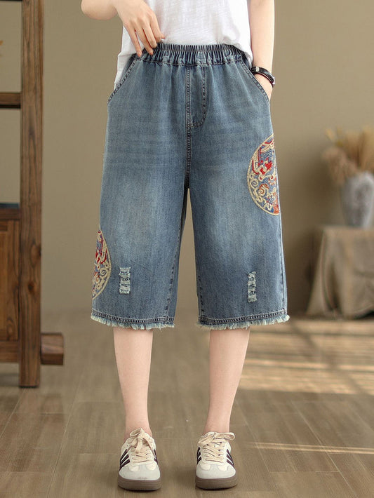 Women Summer Embroidery Knee-Length Denim Pants IO1023