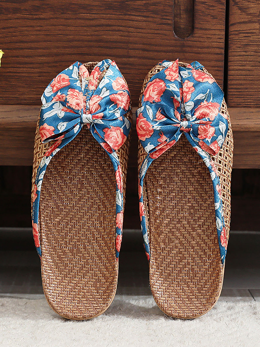 Indoor Weave Slippers Women Straw Flower Ethnic Bowknot