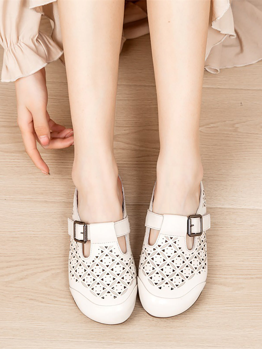 Women Leather Hollow Vintage Shoes Low Genuine Out Heel