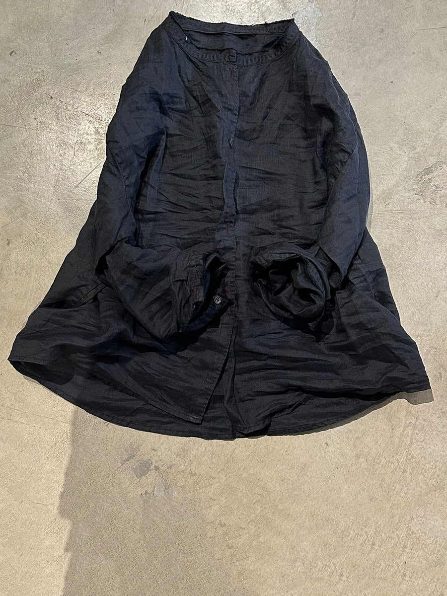 Blouse Vintage Women Collar Stand Ramie Solid Loose