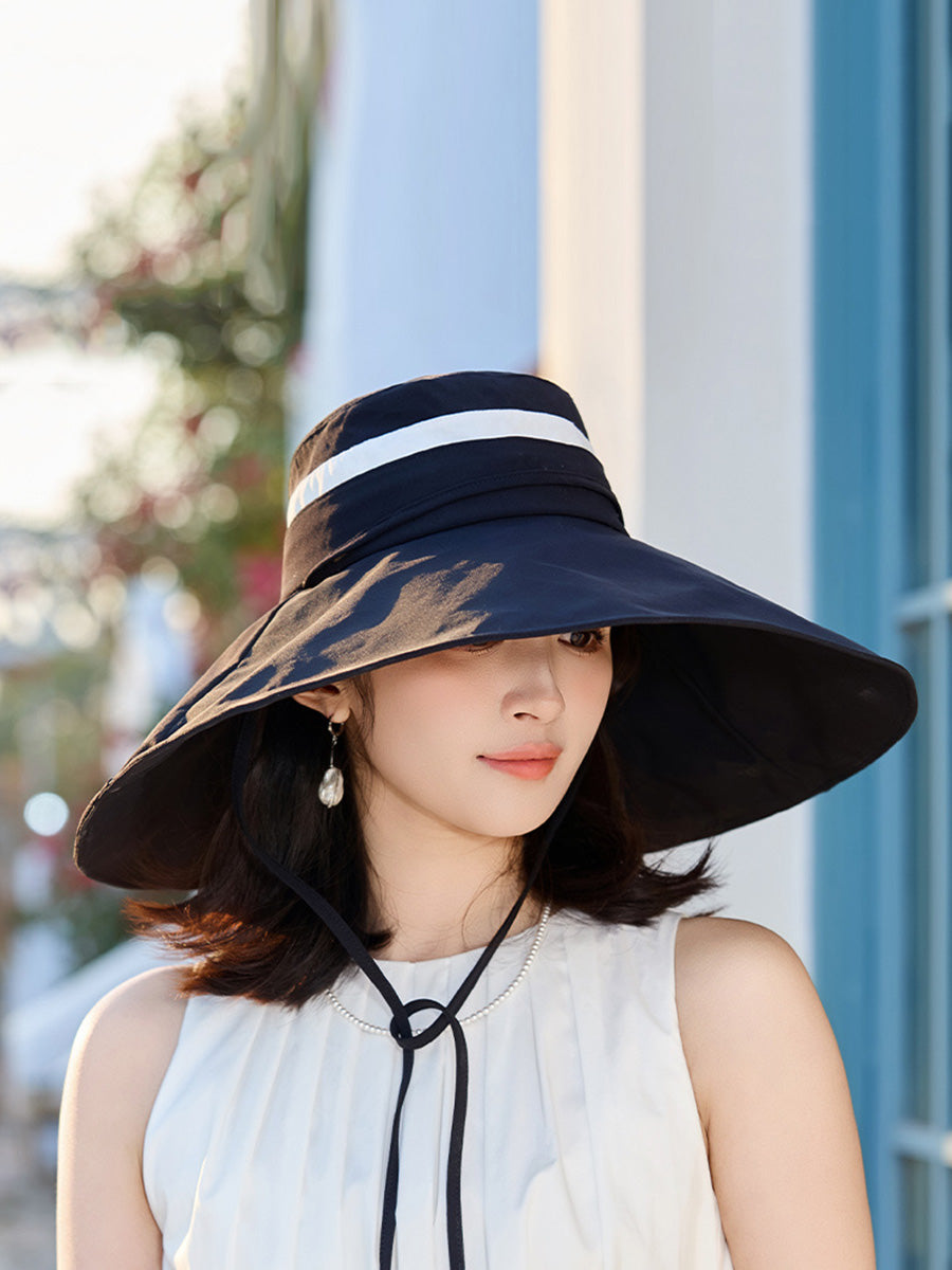 Brim Large Hat Sunproof Casual Stripe Women