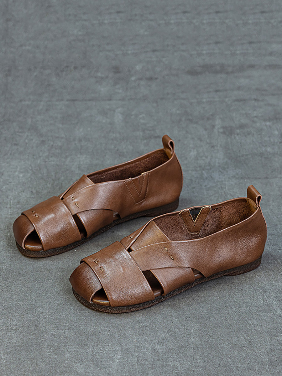 Genuine Sandals Women Leather Vintage Flat