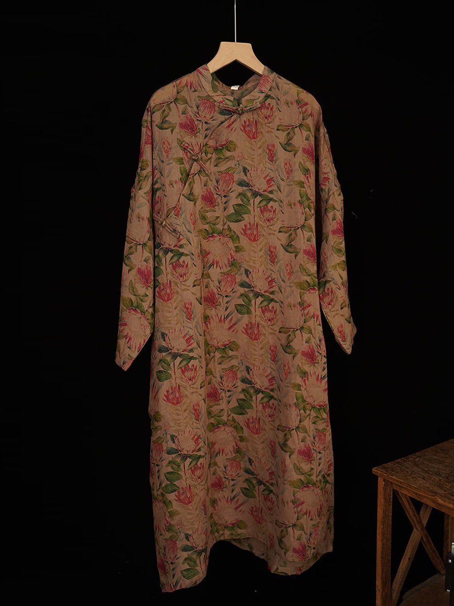 Robe d'été vintage en ramie avec boucle à fleurs pour femme IO1018