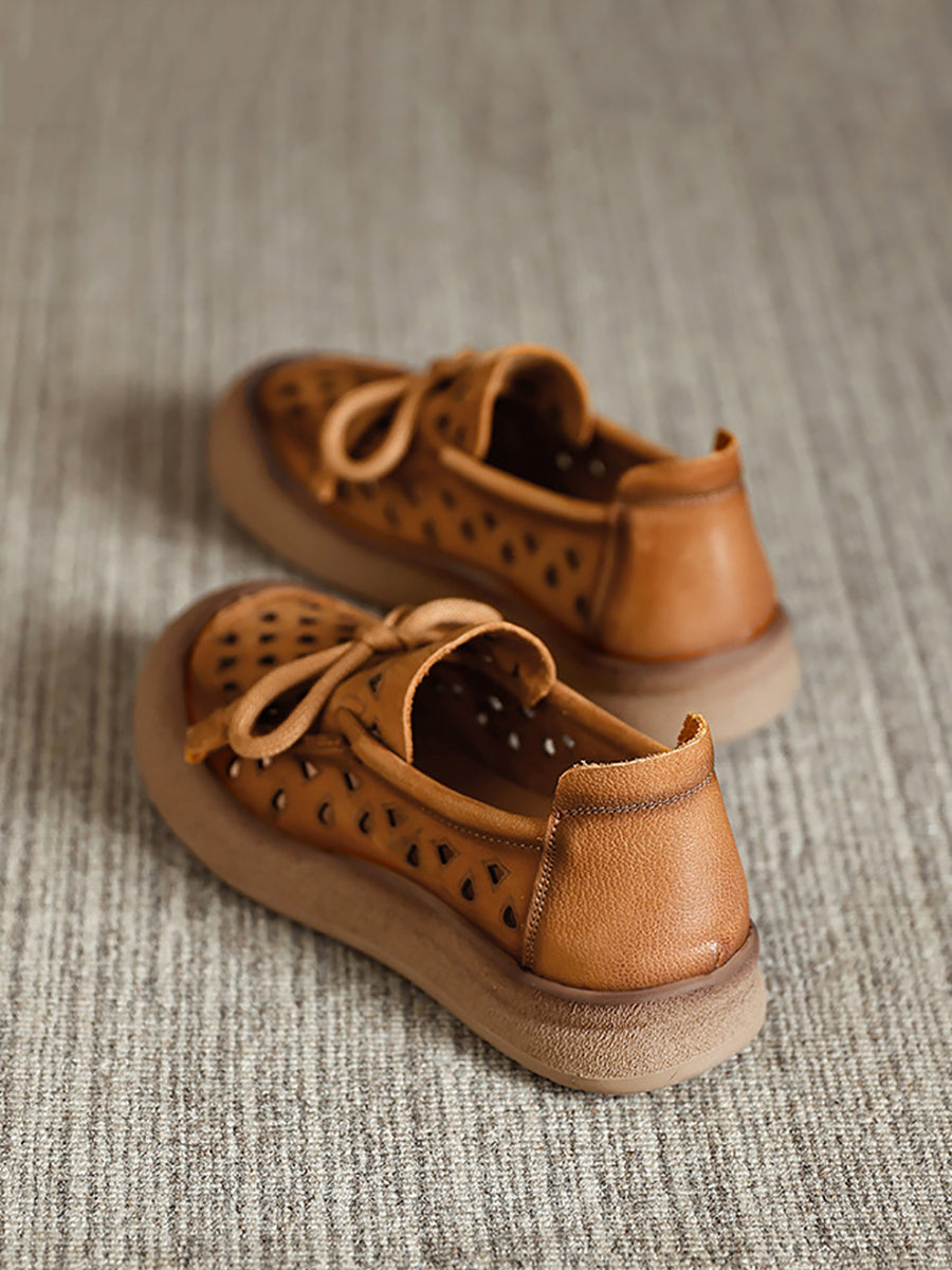 Women Flat Genuine Shoes Hollow Out Summer Leather