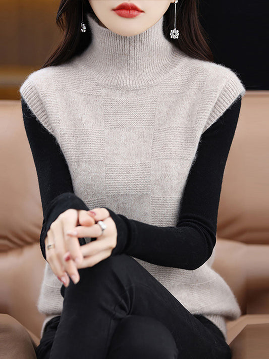 Women Casual Wool Turtleneck Plaid Knit Vest BA1016