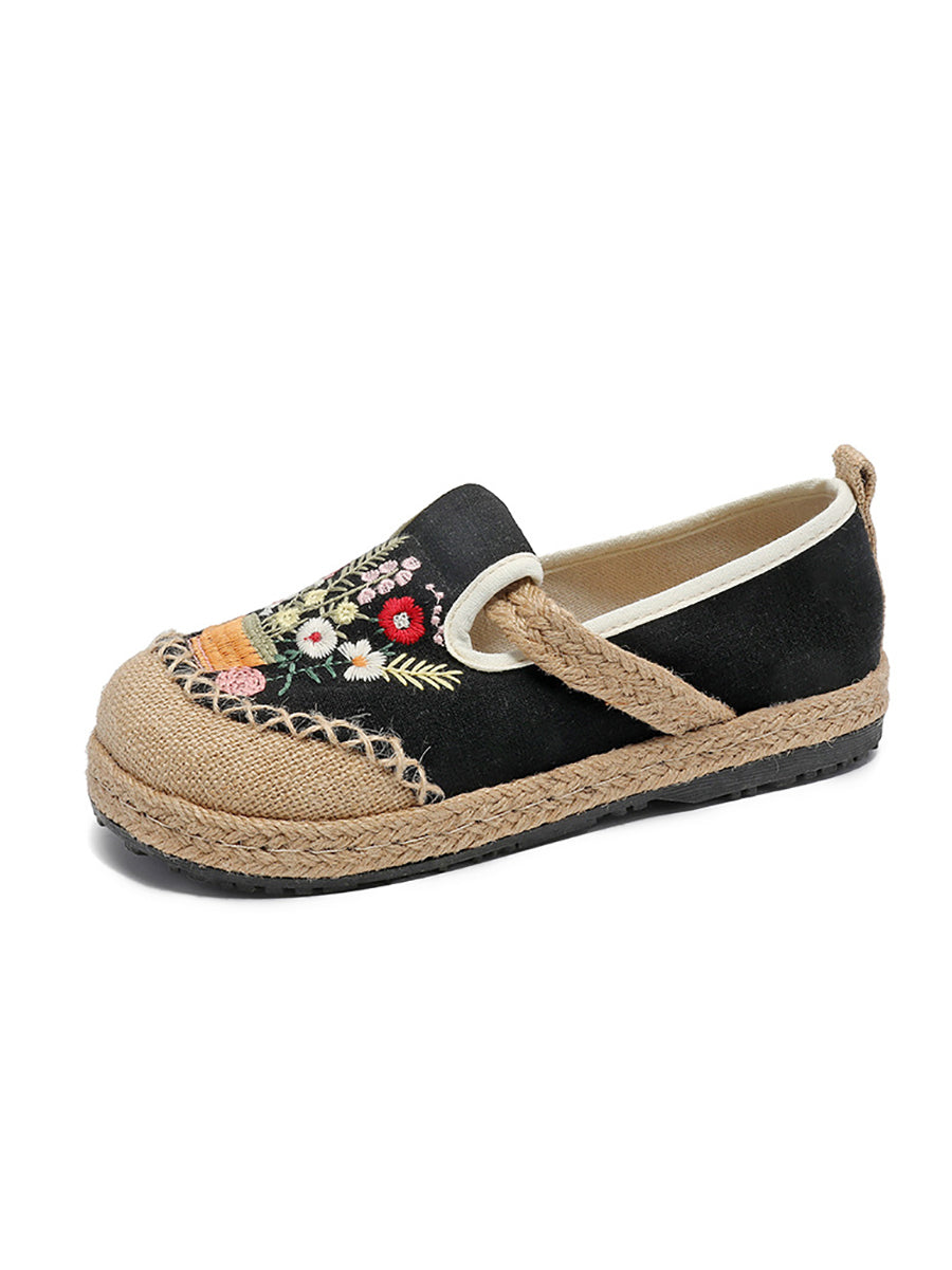 Women Summer Artsy Flower Embroidery Linen Cotton Shoes AT1080