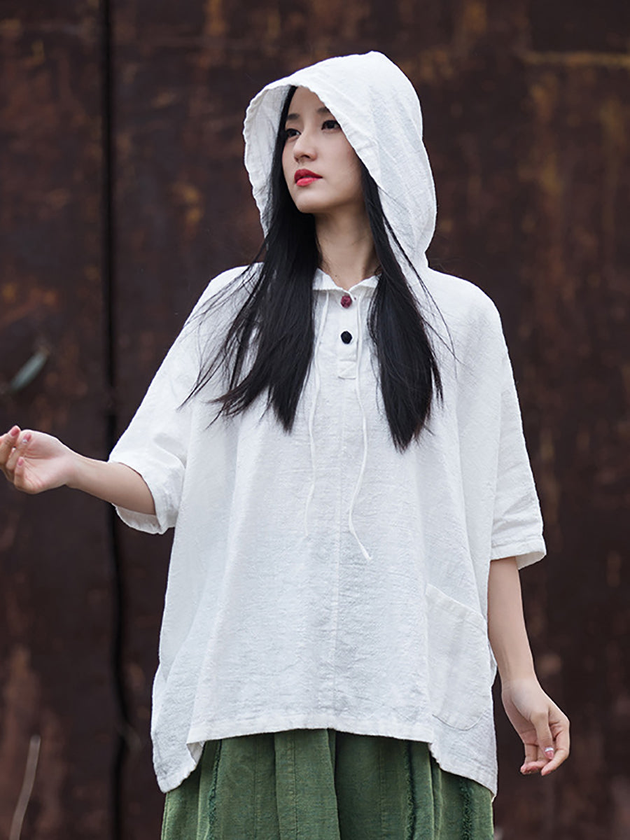 Women Summer Retro Solid Loose Hooded Ramie Shirt CC045