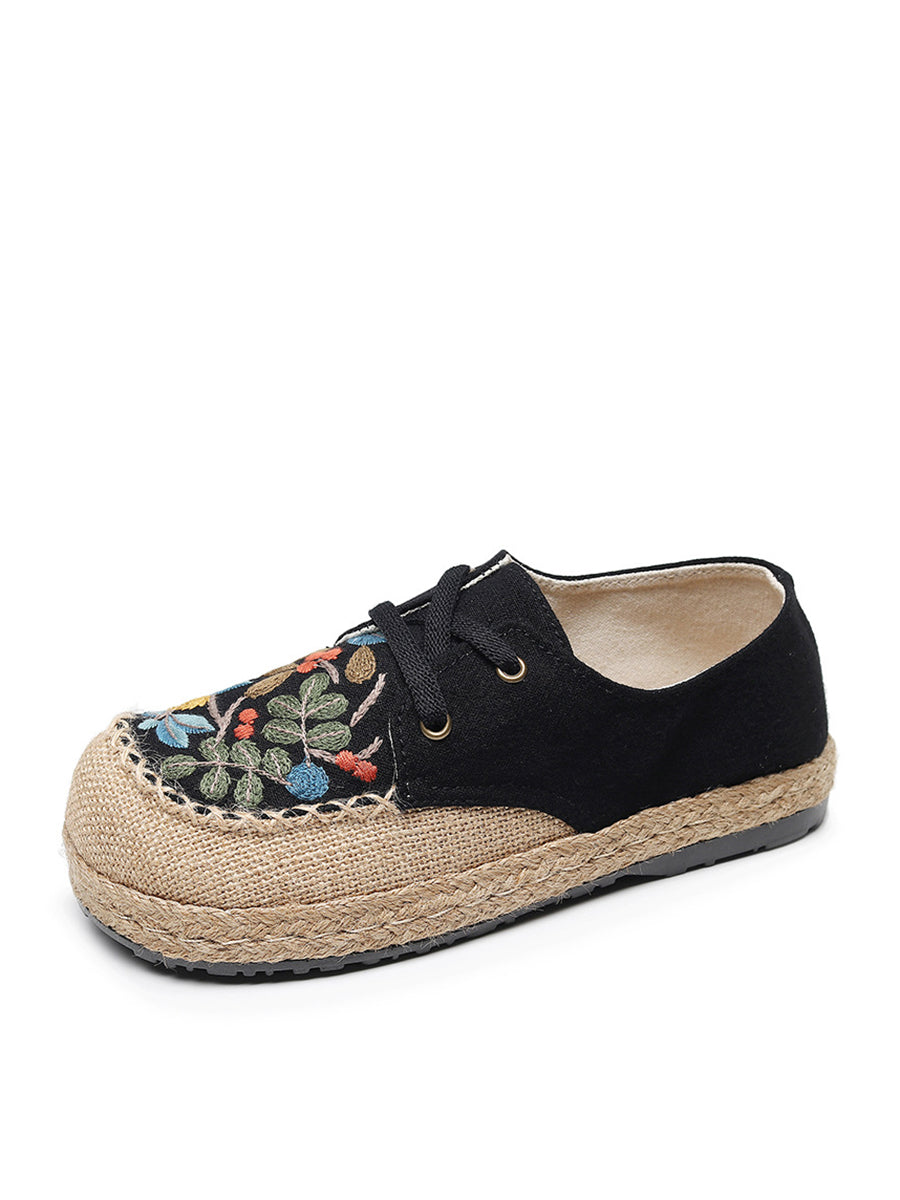 Women Summer Vintage Flower Embroidery Linen Cloth Shoes AT1068