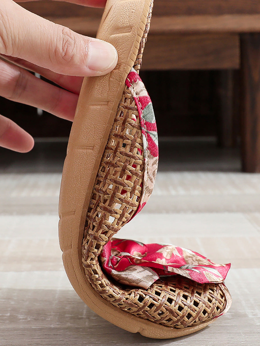 Indoor Weave Slippers Women Straw Flower Ethnic Bowknot
