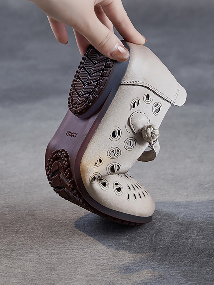 Leather Heel Summer Low Women Shoes Genuine Out Hollow