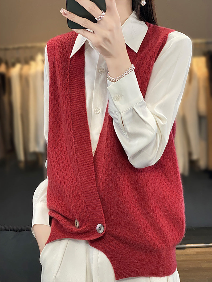 Women Casual Wool Solid V-Neck Irregular Hem Knit Vest AX1079