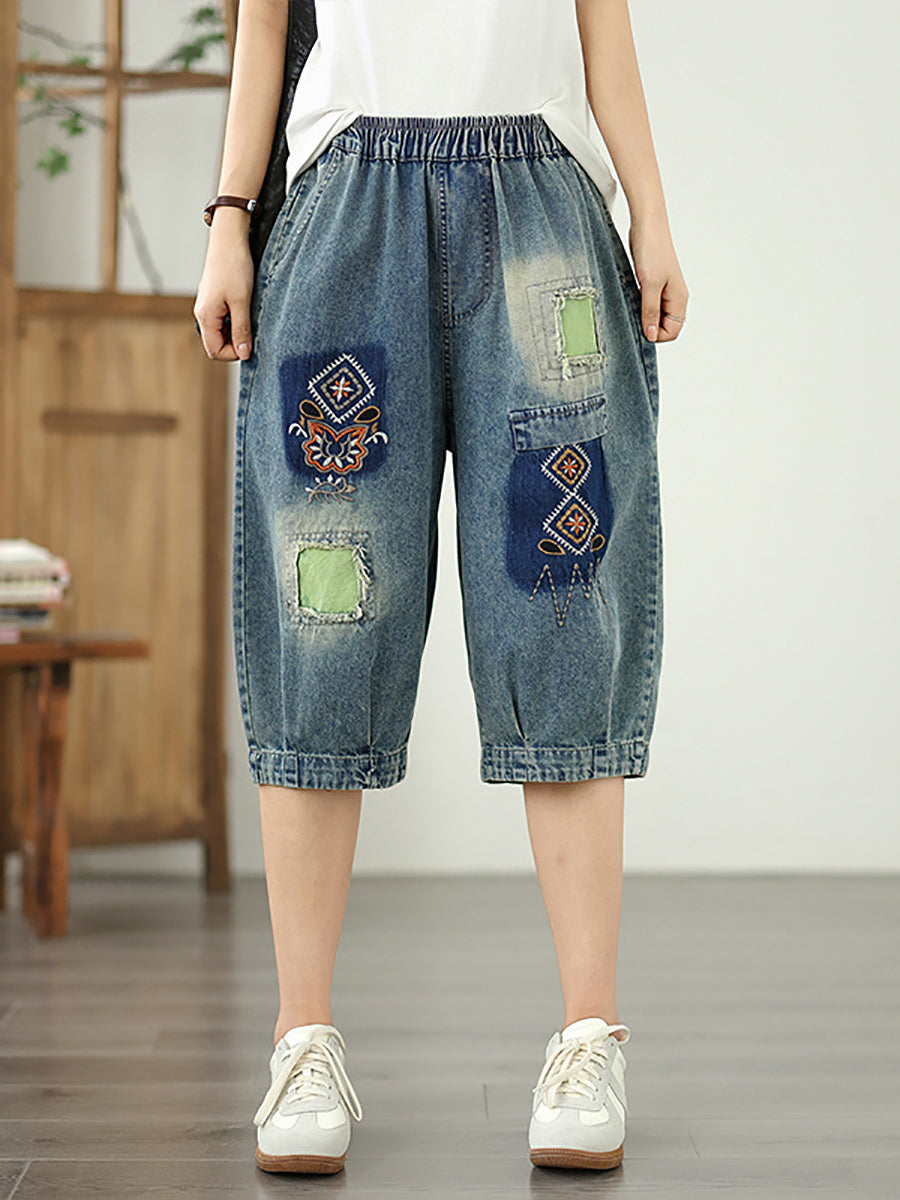 Flower Denim Patchwork Retro Fifth Women Embroidery Pants