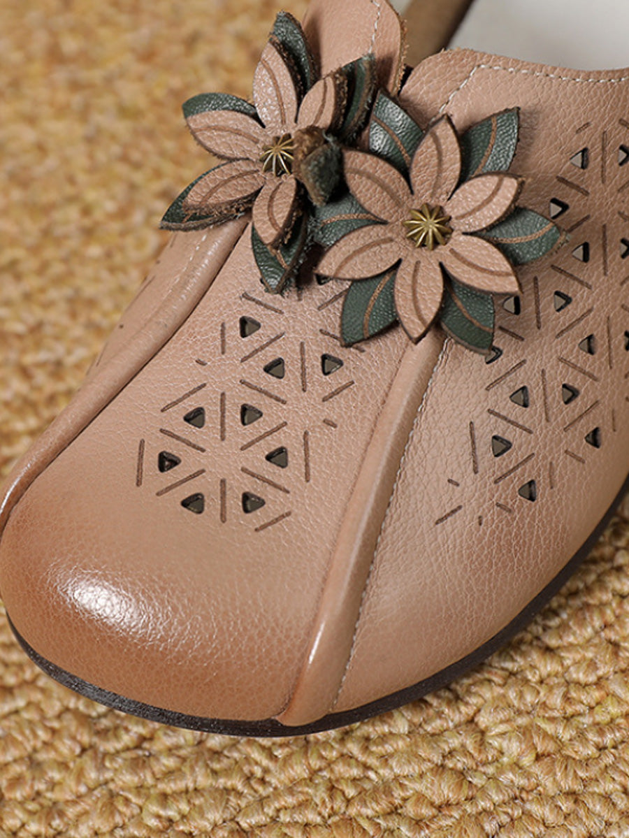 Women Vintage Leather Flower Cutout Flat Shoes PA1026