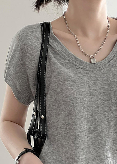 Shirt Neck Top Cotton O T Short Sleeve Grey Solid