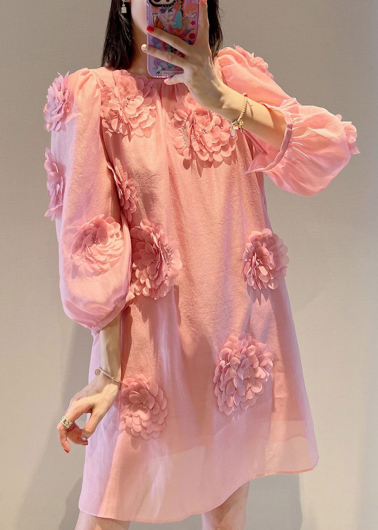 Loose Pink O-Neck Floral Mid Dress Long Sleeve EE007