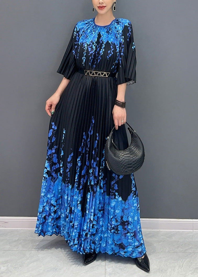 Fine Black O Neck Print Pleated Long Dresses Summer AO1006