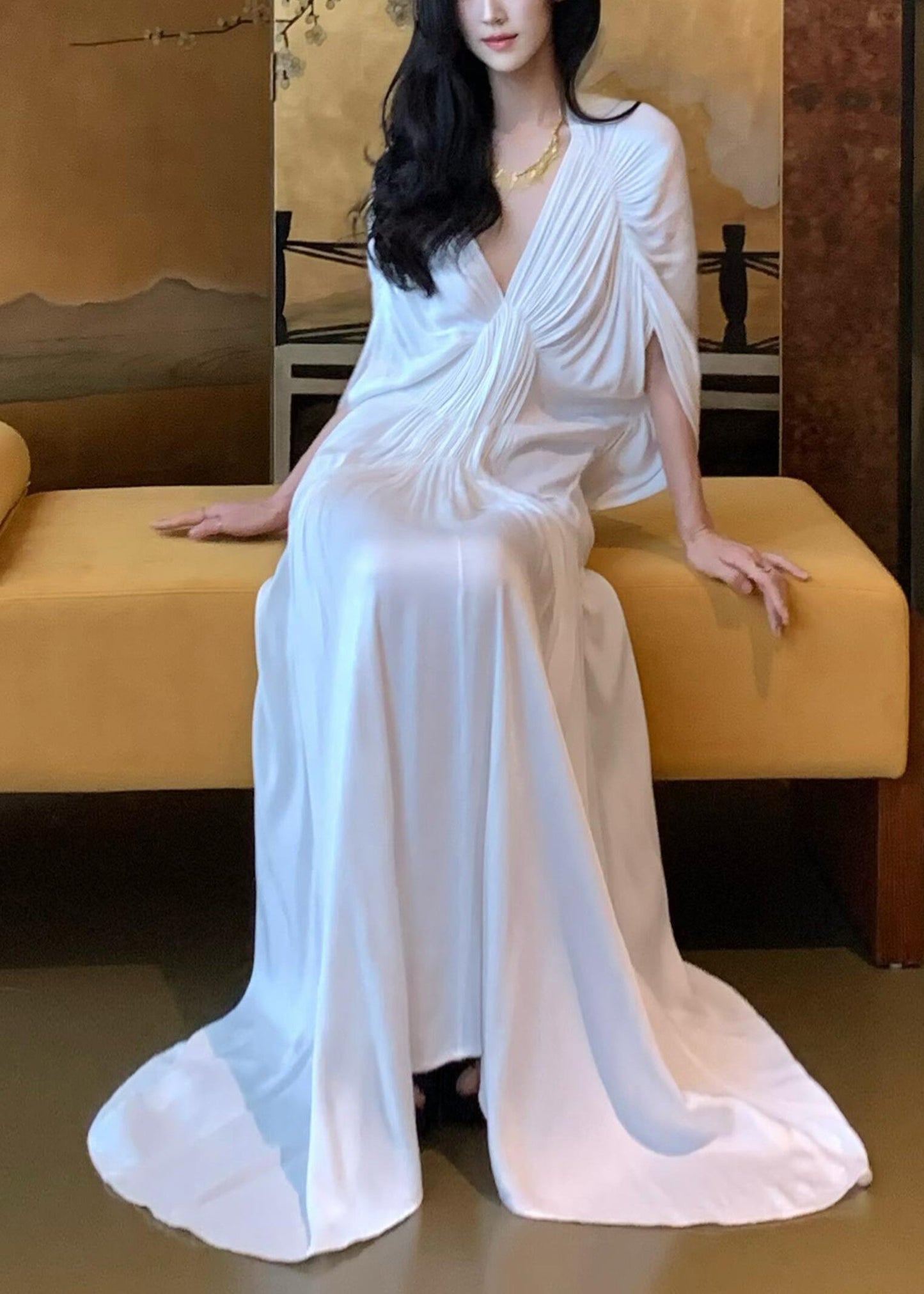 Neck Solid Dresses Batwing White Sleeve V Women Wrinkled