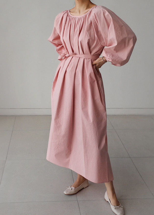 Dress Three Maxi wrinkled Pink sleeve Cotton Quarter O-Neck