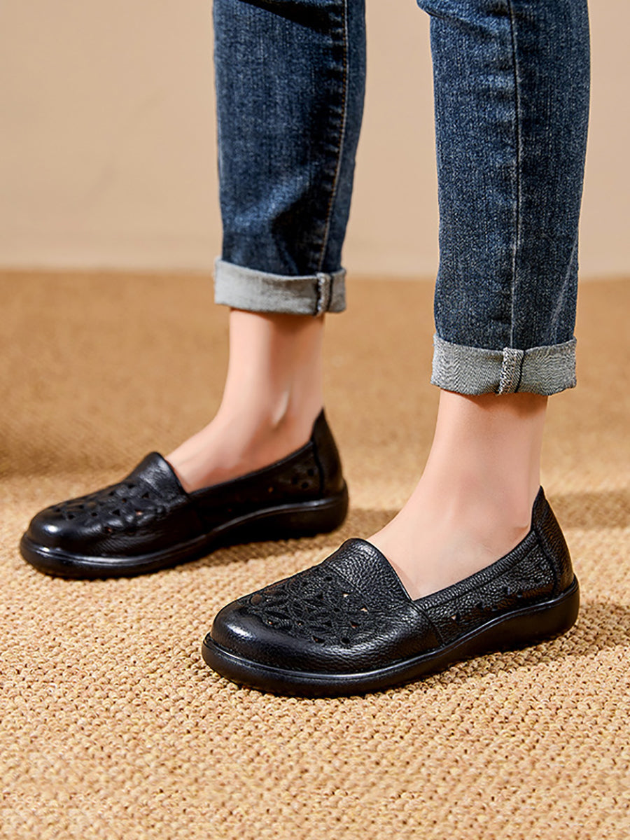 Heel Flower Leather Women Mid Shoes Soft Summer