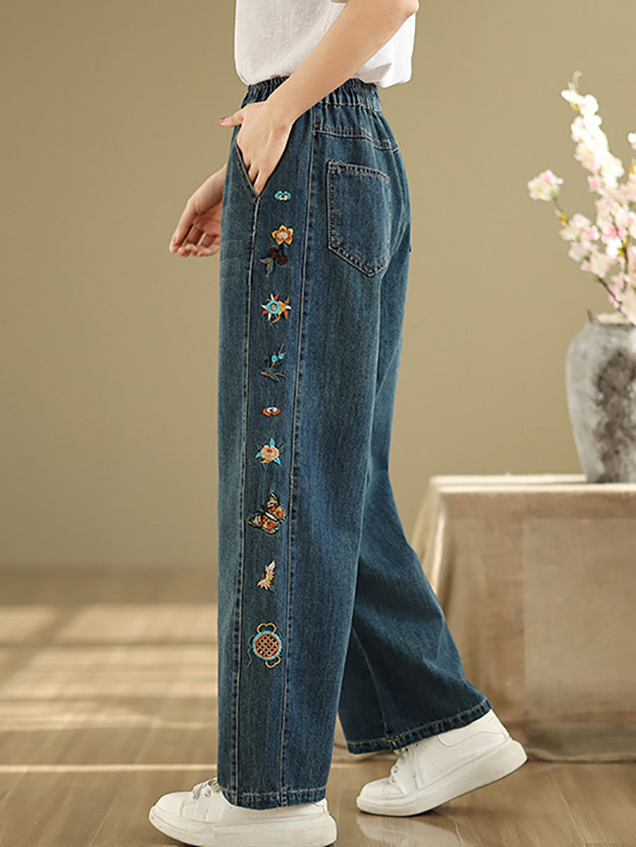 Retro Women Denim Wide-leg Embroidery Pants