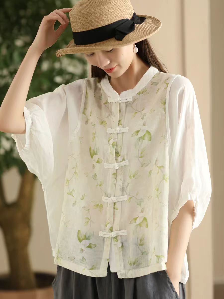 Damen Sommer Vintage Blumen Gespleißtes Button-up Ramie Hemd FD042