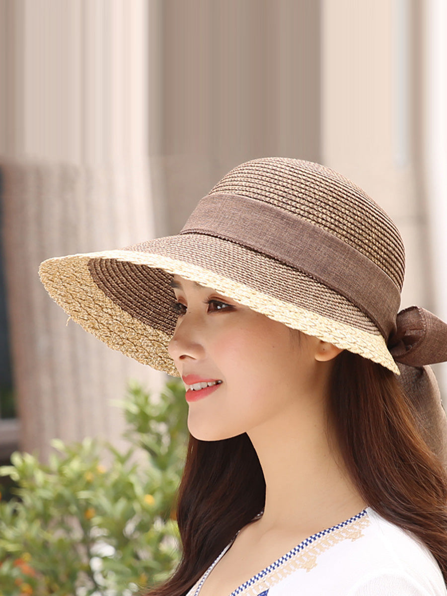 Women Summer Straw Colorblock Large Brim Sunproof Hat ZZ1028