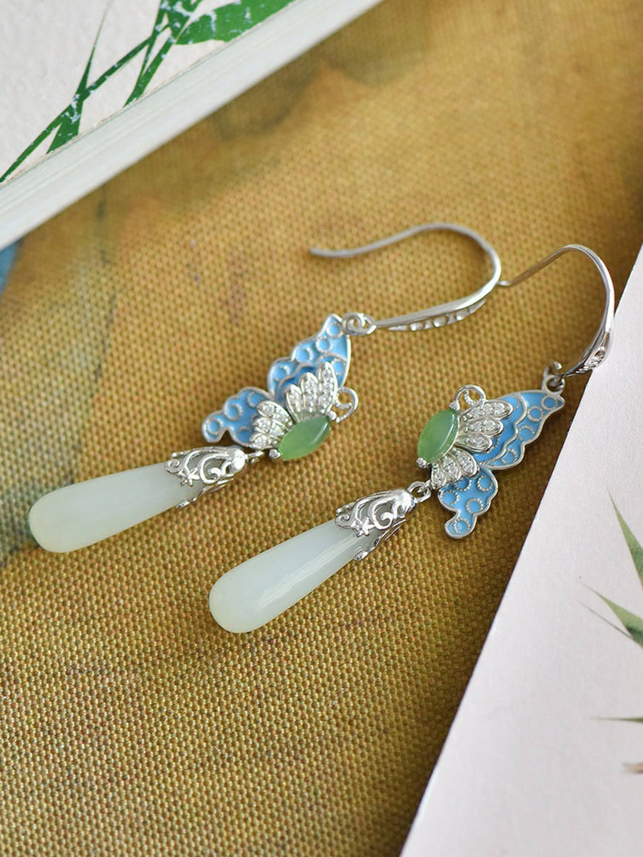 Ethnic Enamel S925Silver Butterfly Earrings Jade Women