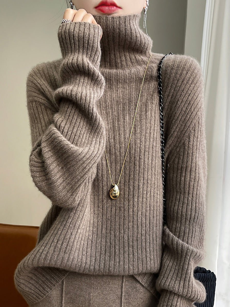 Women Autumn Casual Solid Turtleneck Wool Knit Sweater AX1086