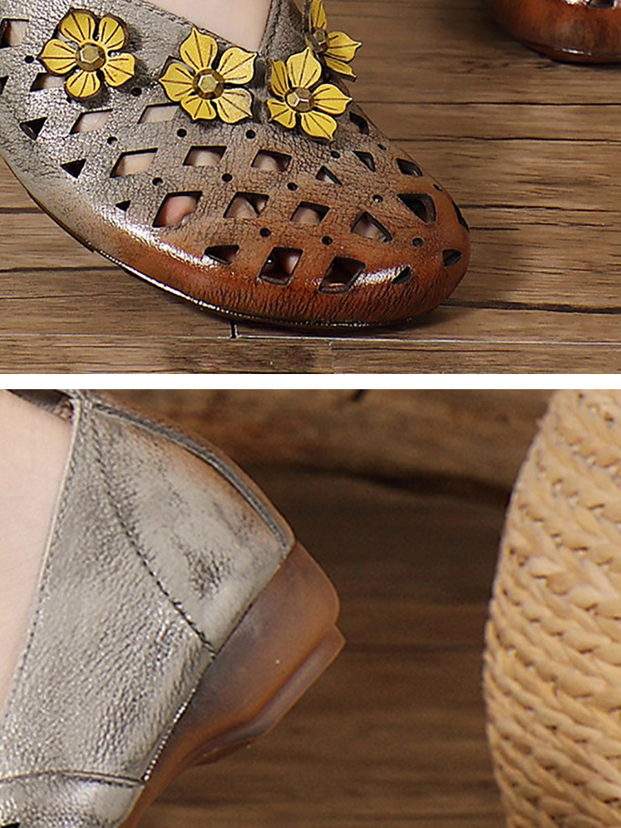 Out Hollow Flower Leather Ethnic Low Women Shoes Heel