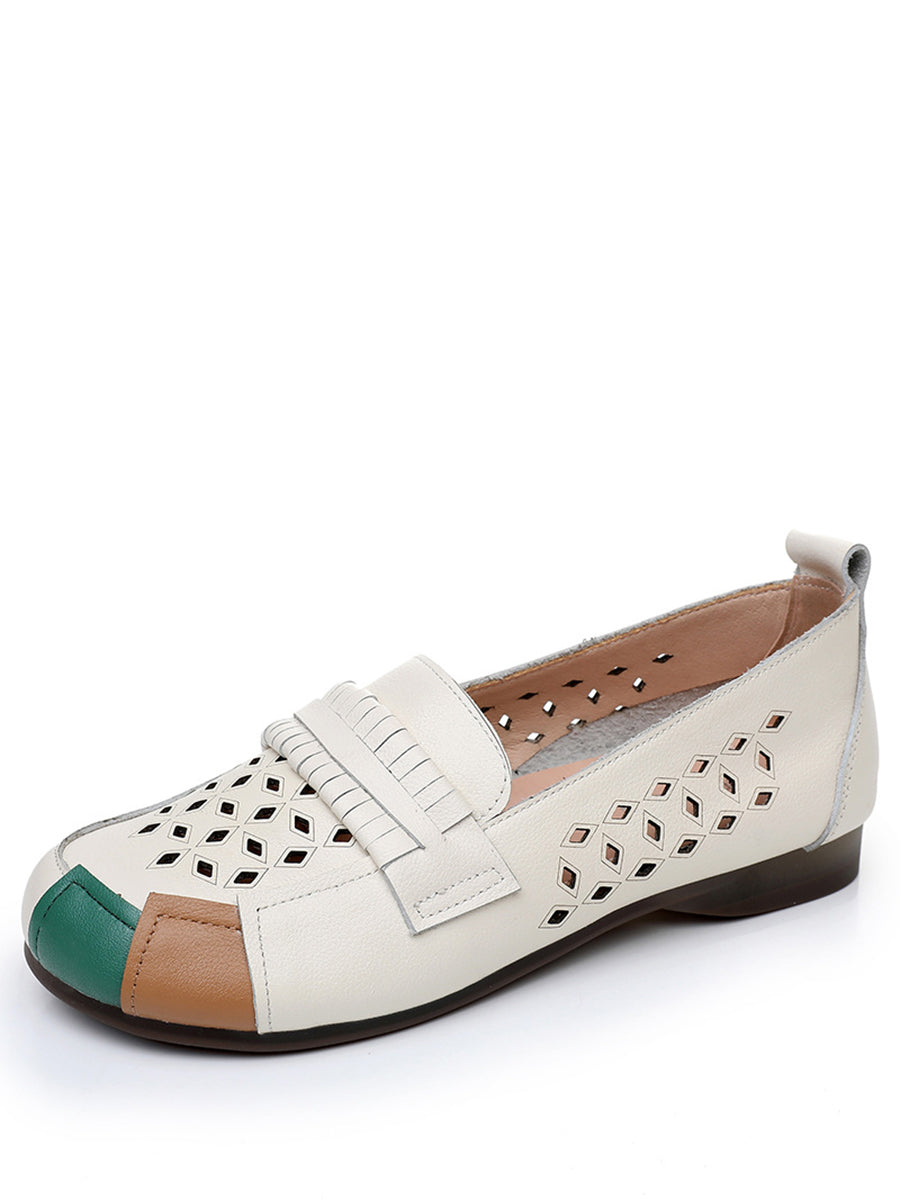Women Summer Leather Colorblock Cutout Flat Shoes UI1030