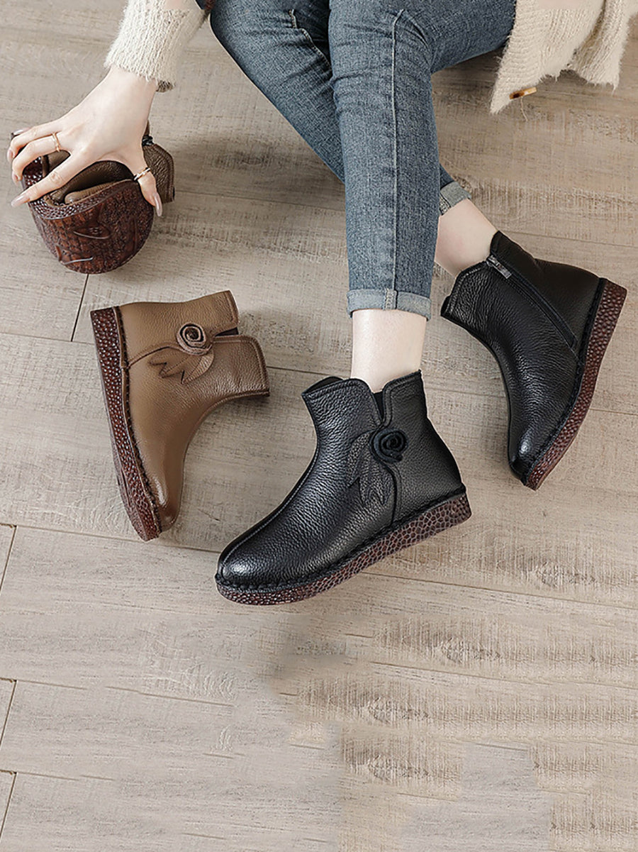 Women Vintage Genuine Leather Flower Flat Ankle Boots QN013