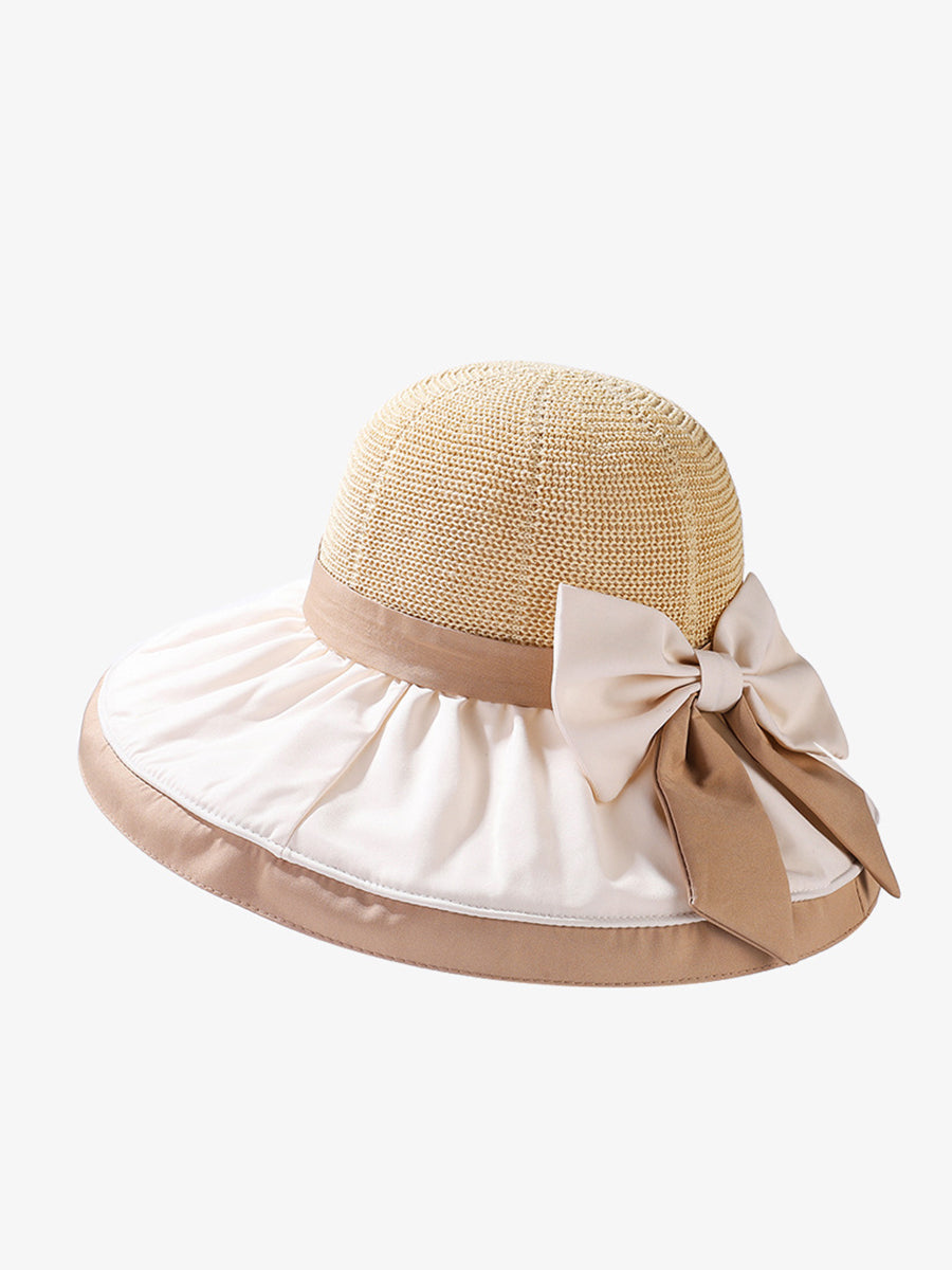 Women Summer Colorblock Large Brim Bowknot Hat WE1003