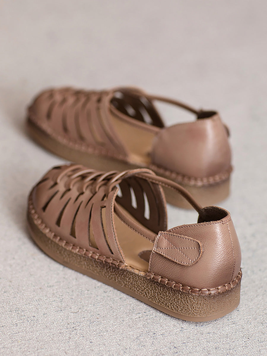 Heel Women Sandals Summer Weave Low Leather