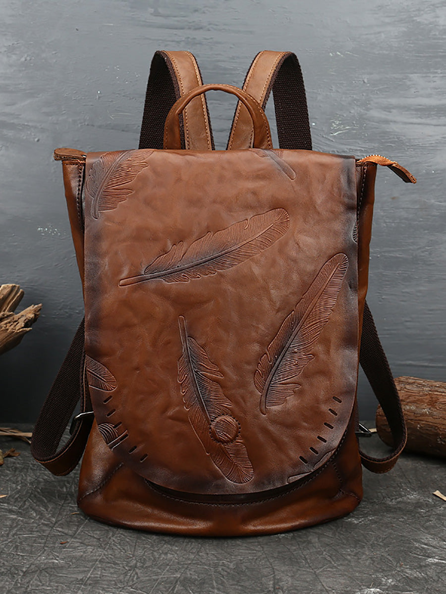 Women Vintage Leather Feather Embossing Backpack