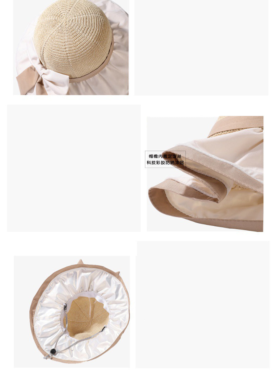 Women Summer Colorblock Large Brim Bowknot Hat WE1003