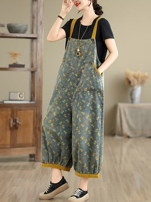 Denim Casual Summer Wide-leg Jumpsuits Floral Women