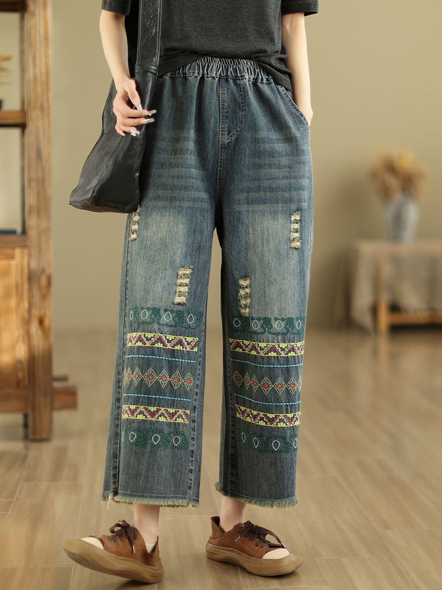 Women Summer Retro Embroidery Frayed Straight Denim Pants AS1042