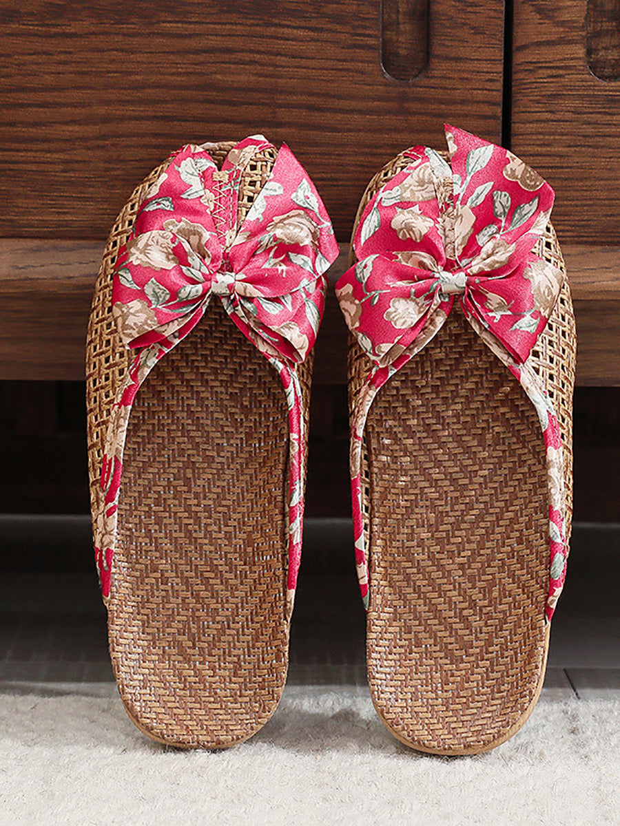 Indoor Weave Slippers Women Straw Flower Ethnic Bowknot