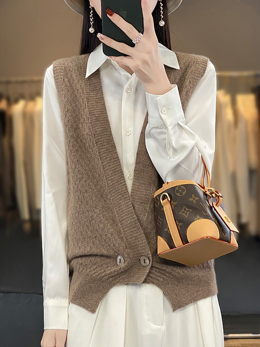 Women Casual Wool Solid V-Neck Irregular Hem Knit Vest AX1079