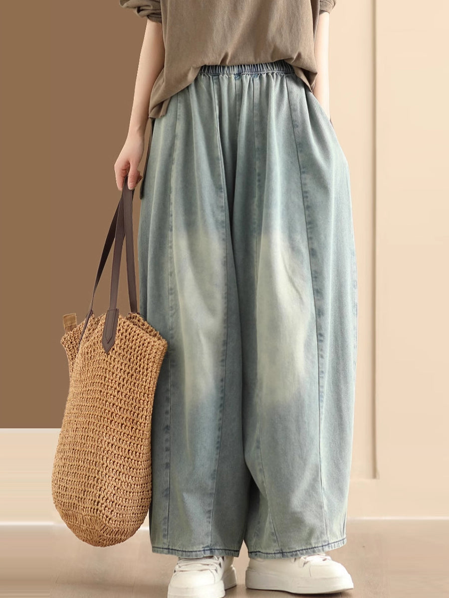 Women Vintage Washed Spliced Denim Wide-leg Pants QW1007