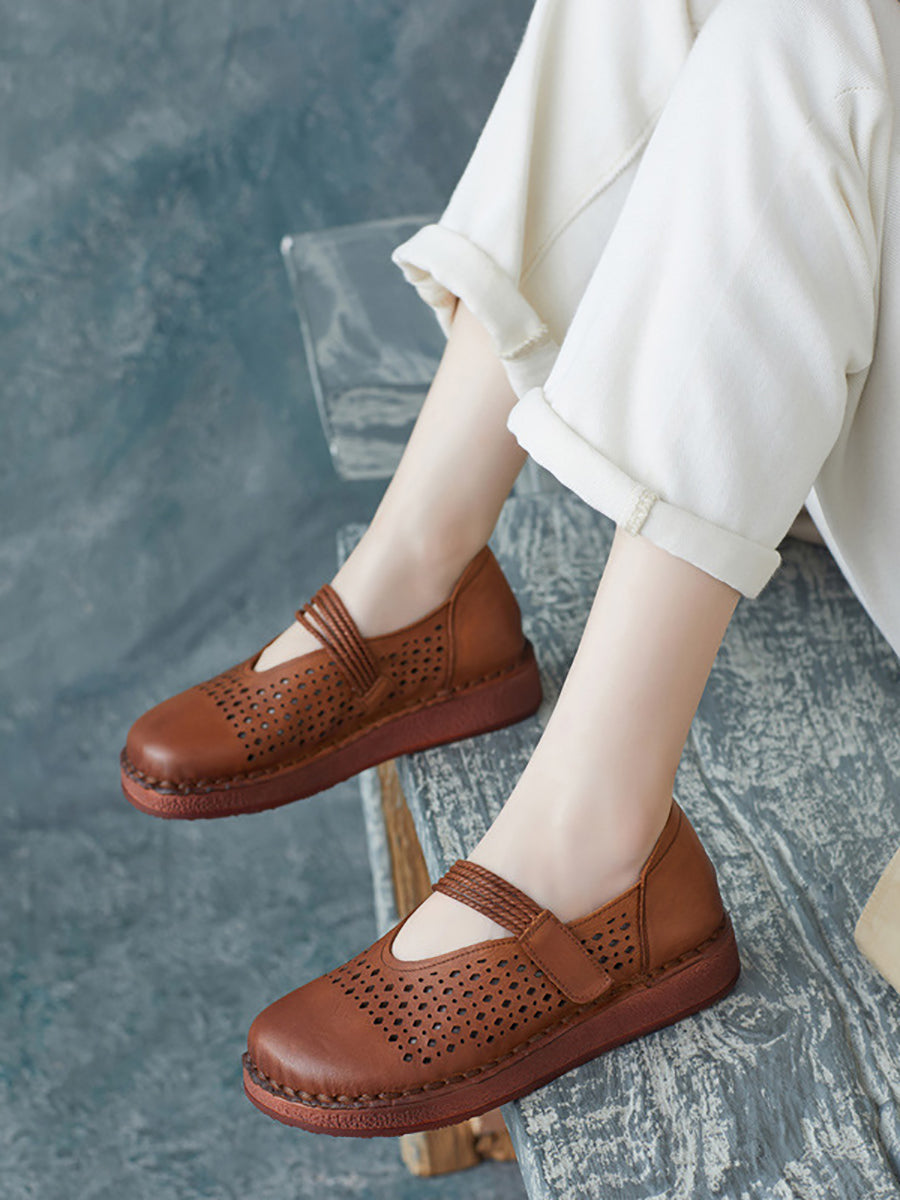 Women Summer Casual Leather Cutout Flat Shoes UI1016