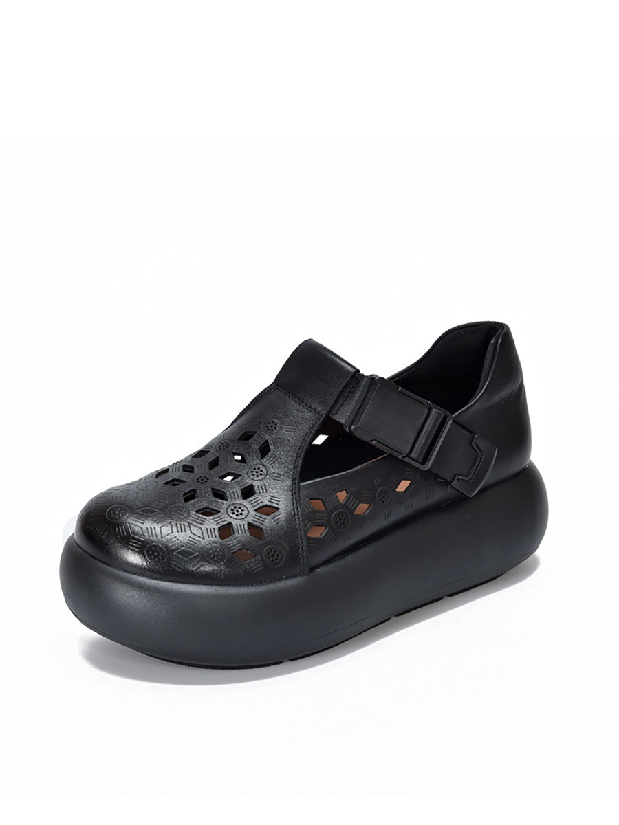 Hollow Out Leather Platform Genuine Casual Women Summer Shoes