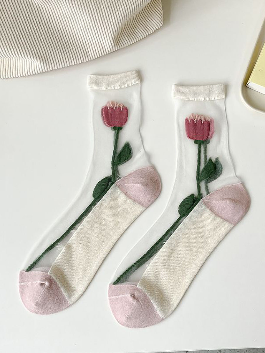 Lot de 5 paires de chaussettes fines en jacquard à fleurs artistiques pour femmes CX040