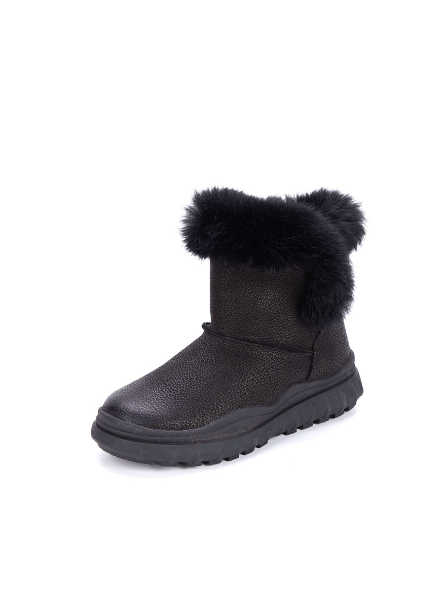 Women Solid Leather Plush Spliced Winter Boots AX1046