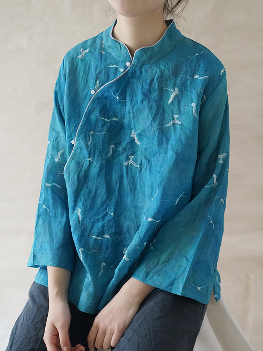 Women Ethnic Crane Spring Linen Shirt QW1004