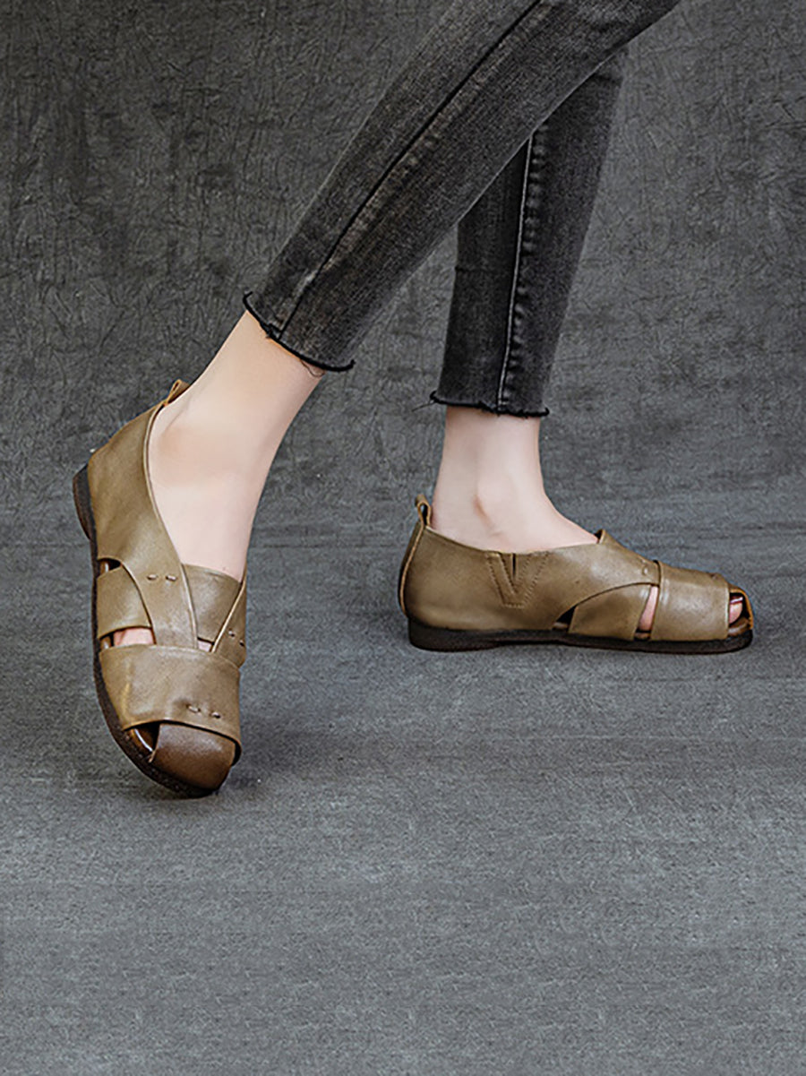 Genuine Sandals Women Leather Vintage Flat