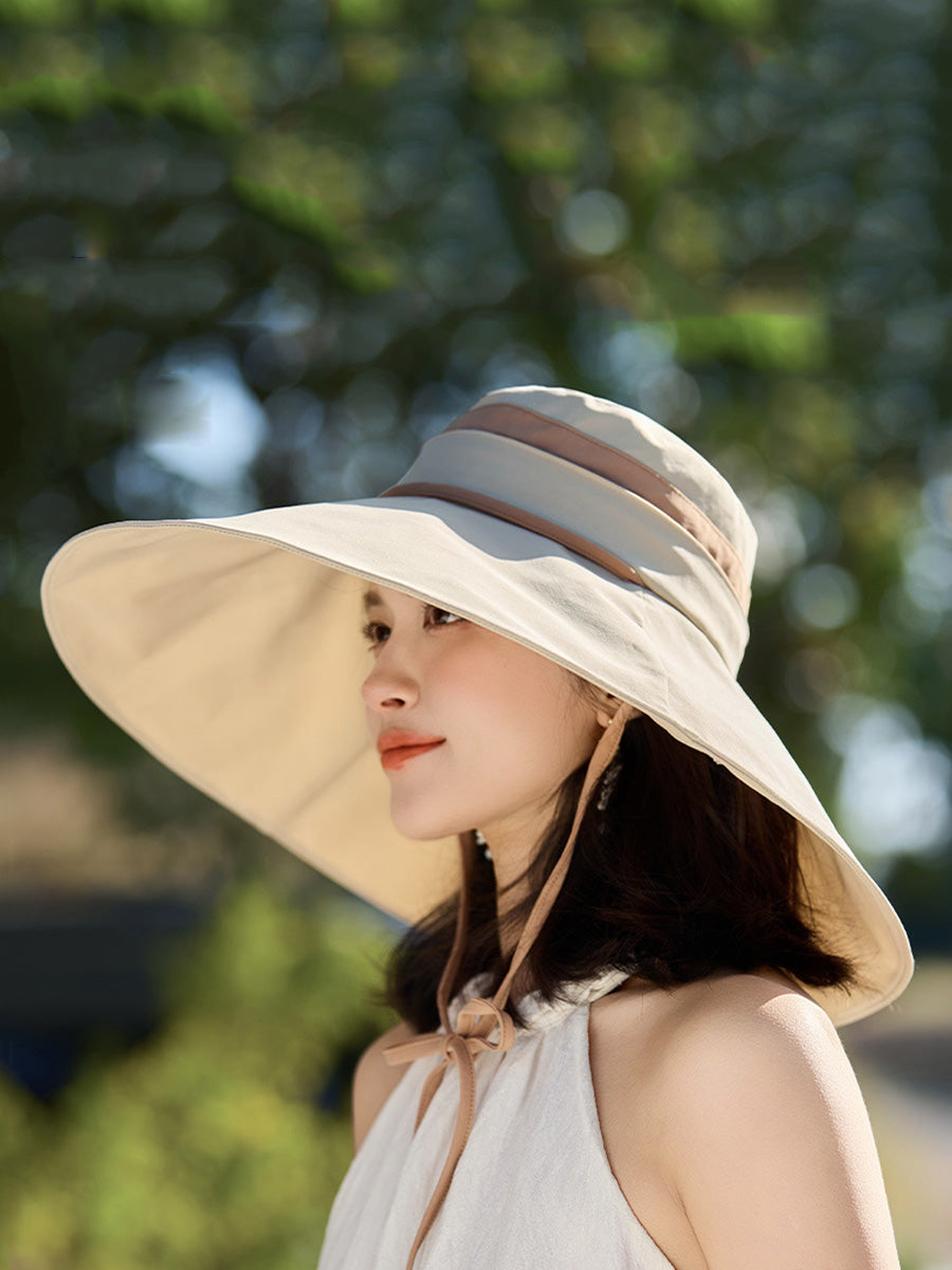 Brim Large Hat Sunproof Casual Stripe Women
